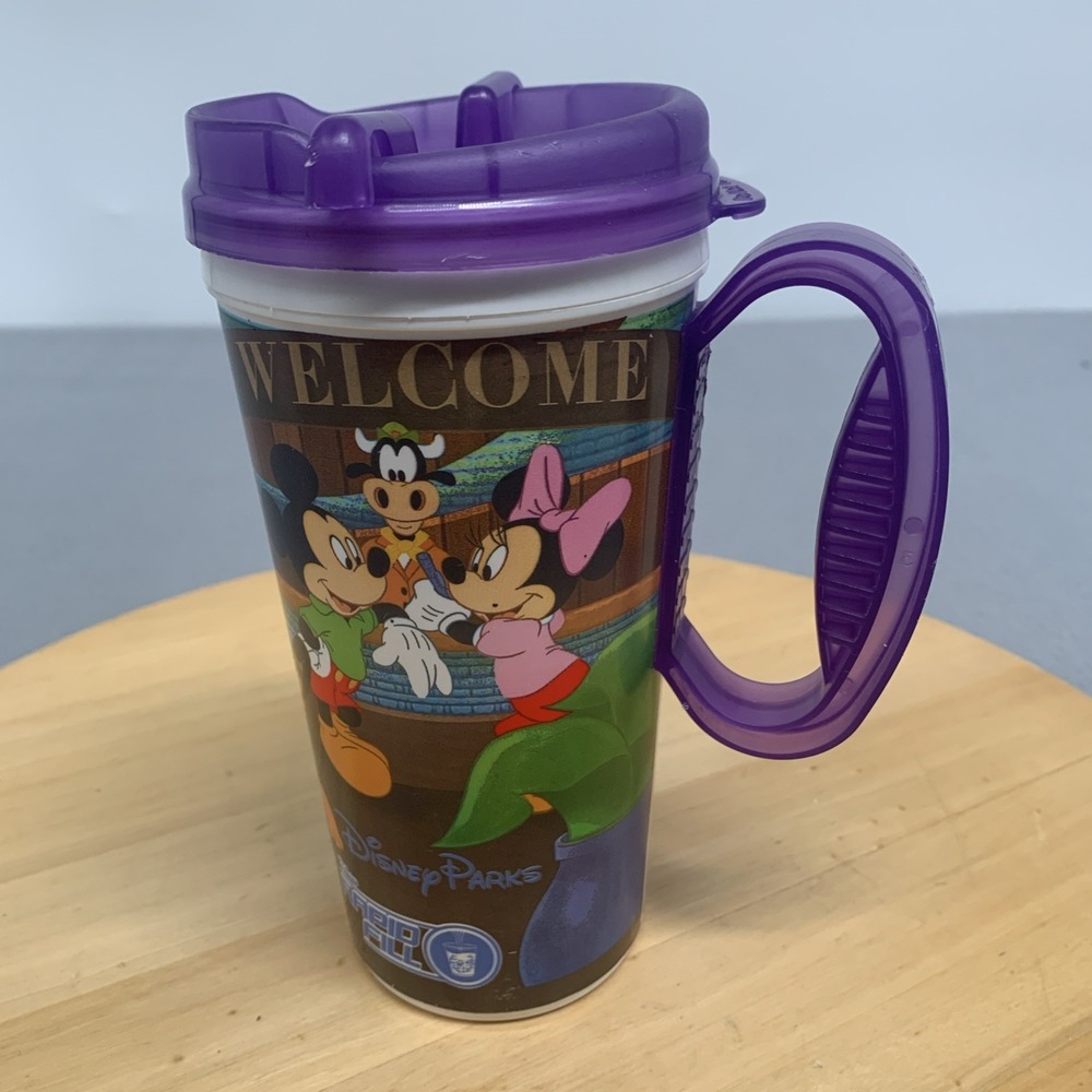 Walt Disney World Rapid Fill Travel Mug Cup W/ Lid Handle Welcome 16 oz Purple